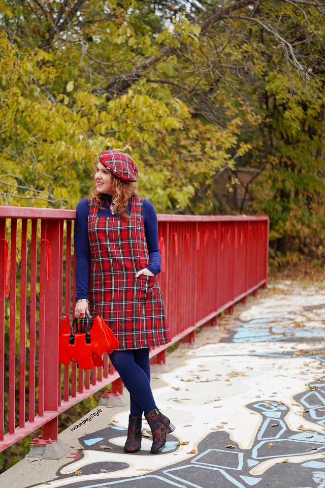Winnipeg Style Fashion stylist, Canadian style blogger, April Cornell winter red plaid shift jumper dress, April Cornell wool red plaid beret hat, Tabbisocks Narasocks over the knee blue red heart back seam socks, Amliya red scottie dog bag, Topshop embroidered blue red floral ankle boots